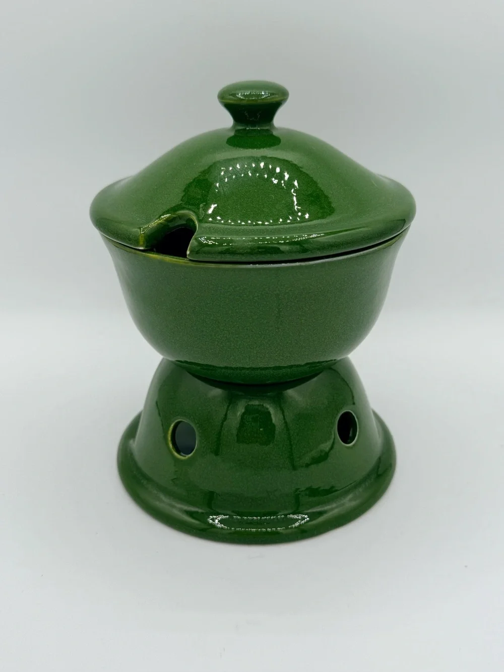 Vintage Pottery Barn Sausalito Green Stoneware Butter Warmer Set Portugal